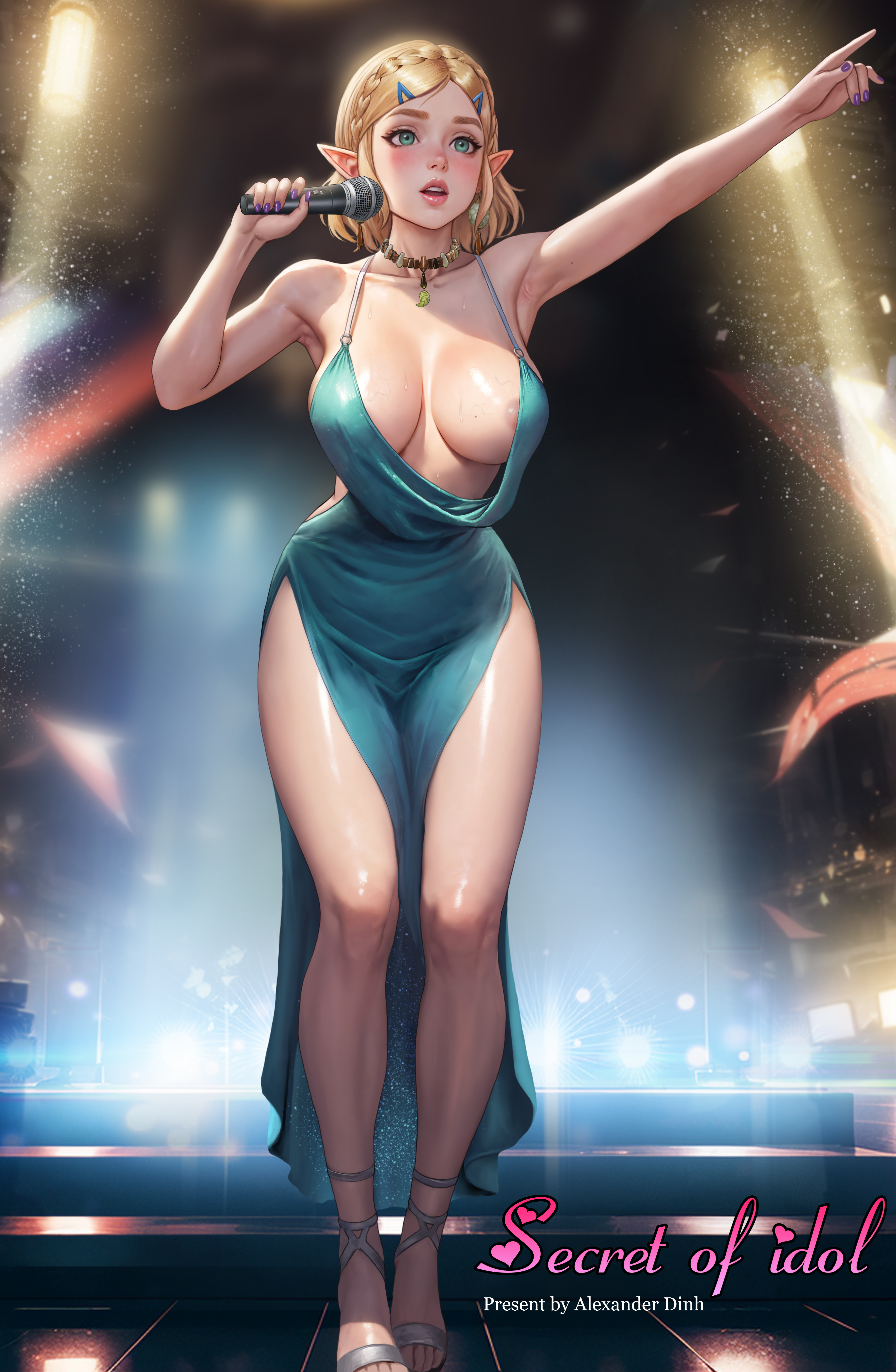 1girls, absurd res, ai generated, alexander dinh, areolae, blonde hair, breasts, breath of the wild, comic, concert, elf, elf female, english text, female, huge breasts, idol, looking at viewer, princess zelda, short hair, singing, tears of the kingdom, the legend of zelda, voluptuous, voluptuous female, zelda (tears of the kingdom)