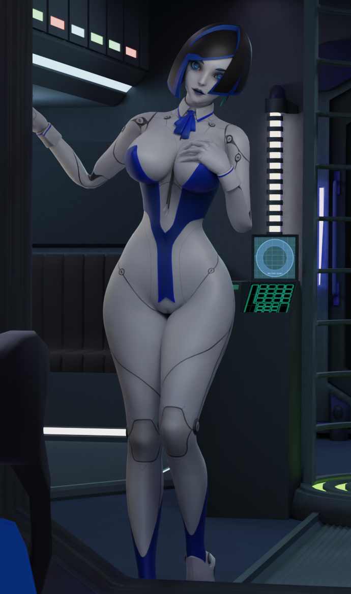 1girls, 3d, 3d (artwork), black hair, blue eyes, breasts, child bearing hips, demi (subverse), female, hips, large breasts, medium hair, pussy, robot girl, subverse, thick thighs, thighs, vagina, wide hips