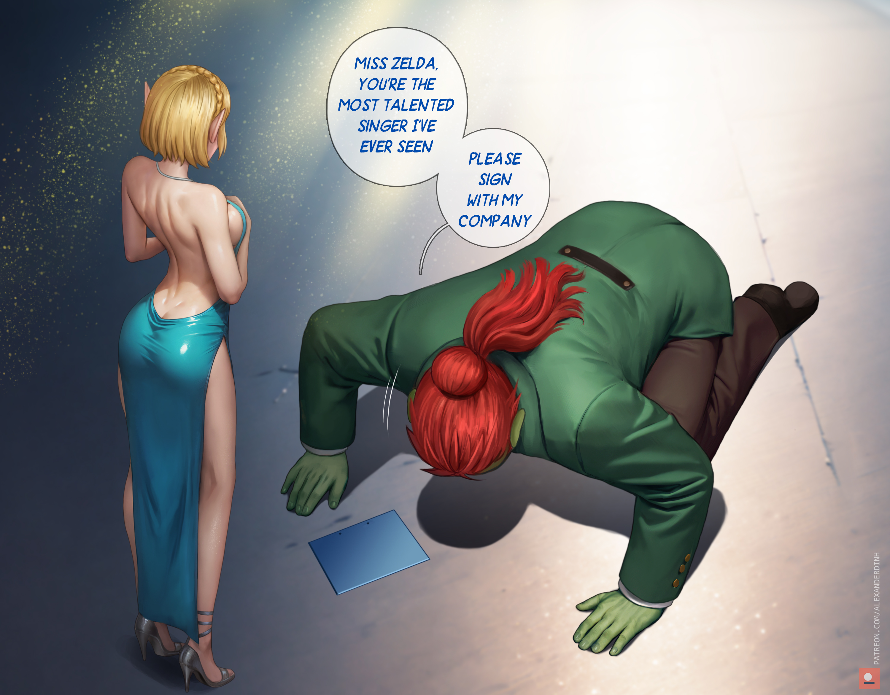 1boy, 1girls, absurd res, ai generated, alexander dinh, ass, begging pose, breasts, breath of the wild, bubble ass, bubble butt, comic, concert, demon, english text, female, ganondorf, ganondorf (tears of the kingdom), gerudo, green skin, high heels, huge breasts, idol, male, princess zelda, red hair, speech bubble, tears of the kingdom, the legend of zelda, tuxedo, voluptuous female, zelda (tears of the kingdom)
