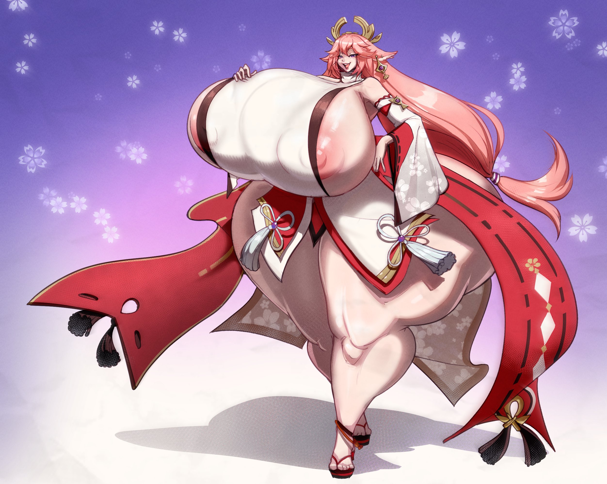 ass, breasts, female, genshin impact, hyper, hyper ass, hyper breasts, norodoggo, smiling, solo, voluptuous, yae miko
