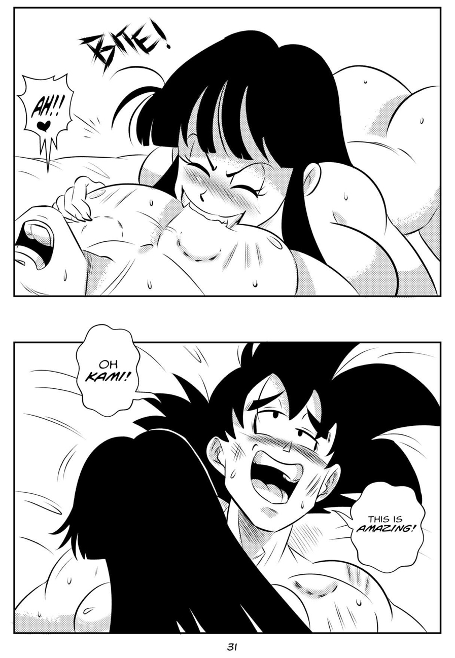 1boy 1girls ass big_ass big_breasts bite bite_mark black_and_white blush breasts chichi comic dragon_ball dragon_ball_super dragon_ball_z fangs funsexydragonball long_hair monochrome page_31 son_goku sweat