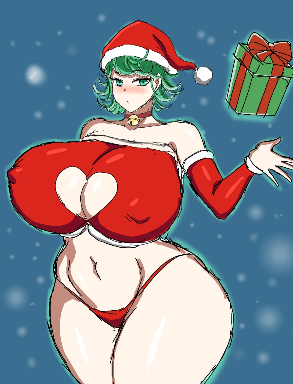 1girls, big breasts, breasts, christmas, female, green eyes, green hair, huge breasts, large breasts, momiji (artist), one-punch man, santa hat, skimpy clothes, skimpy outfit, tatsumaki, thong