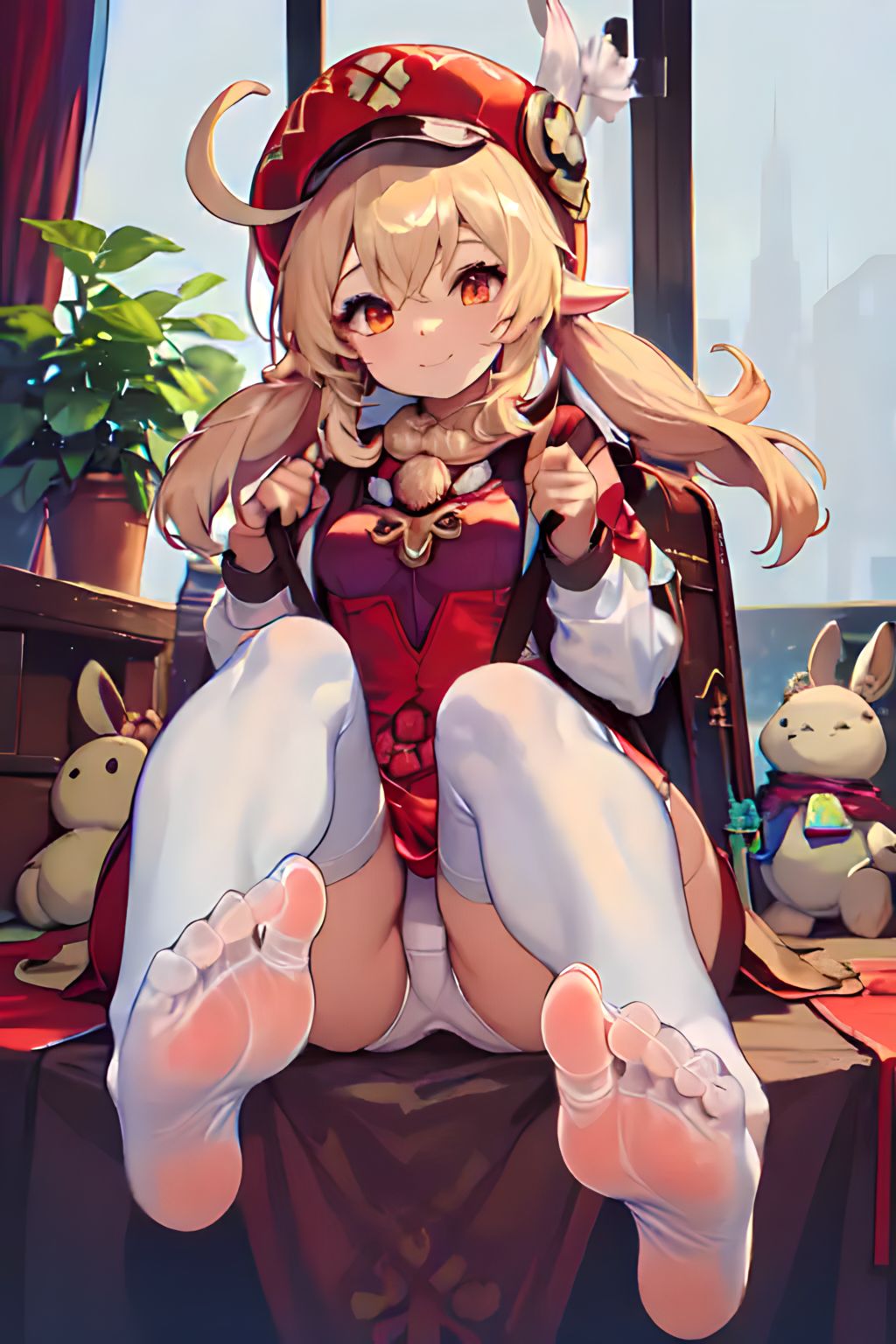 1girls, 5 toes, aged up, ai generated, backpack, bedroom, blonde hair, blush, breasts, clothed, clothing, elf ears, feet, female, female focus, female only, foopanthia, foot fetish, foot focus, footwear, genshin impact, hat, klee (genshin impact), legs, legwear, panties, pointy ears, red eyes, sitting, smile, sole female, soles, thick thighs, thighhighs, thighs, toes, white legwear