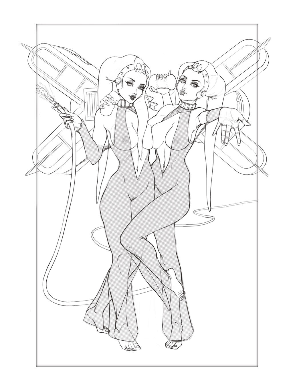 2girls ann_gella artist_request asymmetrical_docking barefoot black_and_white gella_twins headwear large_breasts podracing see-through_clothing sisters slave slave_collar slave_outfit slavegirl star_wars tann_gella twi'lek twins