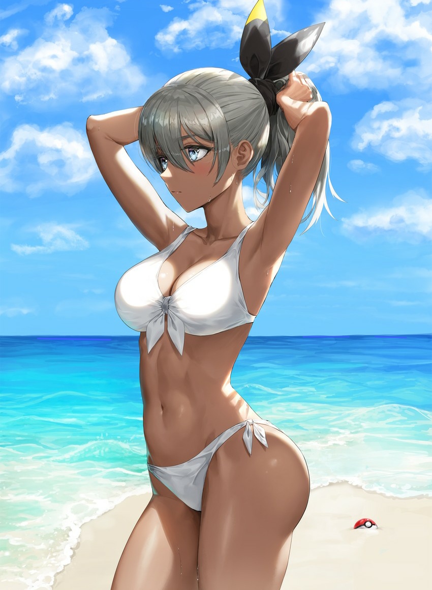 1girls abs alternate_hairstyle armpits arms_up ass background bea_(pokemon) beach belly belly_button big_ass big_breasts big_butt bikini black_hairband blue_eyes blush bra breasts cleavage cloud collarbone dark-skinned_futanari ear front-tie_bikini front-tie_top greem_bang hair_between_eyes hairband hairclip holding_hair navel nintendo outdoors poke_ball poke_ball_(basic) pokemon pokemon_ss ribbon round_ass sand sea seaside sky swimsuit thighs tied_hair tying_hair water wet wet_hair white_bikini white_hair