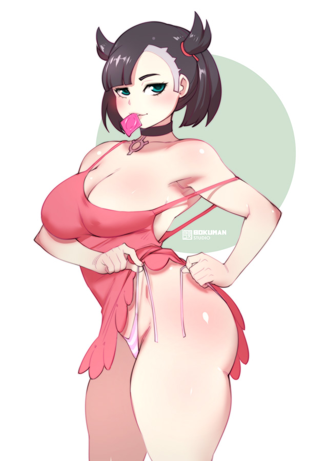 1girls, alternate breast size, aqua eyes, ass, big breasts, black choker, blush, bokuman, breasts, choker, cleavage, clothes lift, clothes pull, condom, condom in mouth, dress, dress lift, dress pull, erect nipples, female, happy, large breasts, looking at viewer, marnie (pokemon), mouth hold, nipples, nipples visible through clothing, no bra, panties, pink dress, pokemon, pokemon ss, removing clothing, removing panties, short hair, side-tie panties, simple background, strap slip, thighs, twintails, underwear, undressing, untied panties