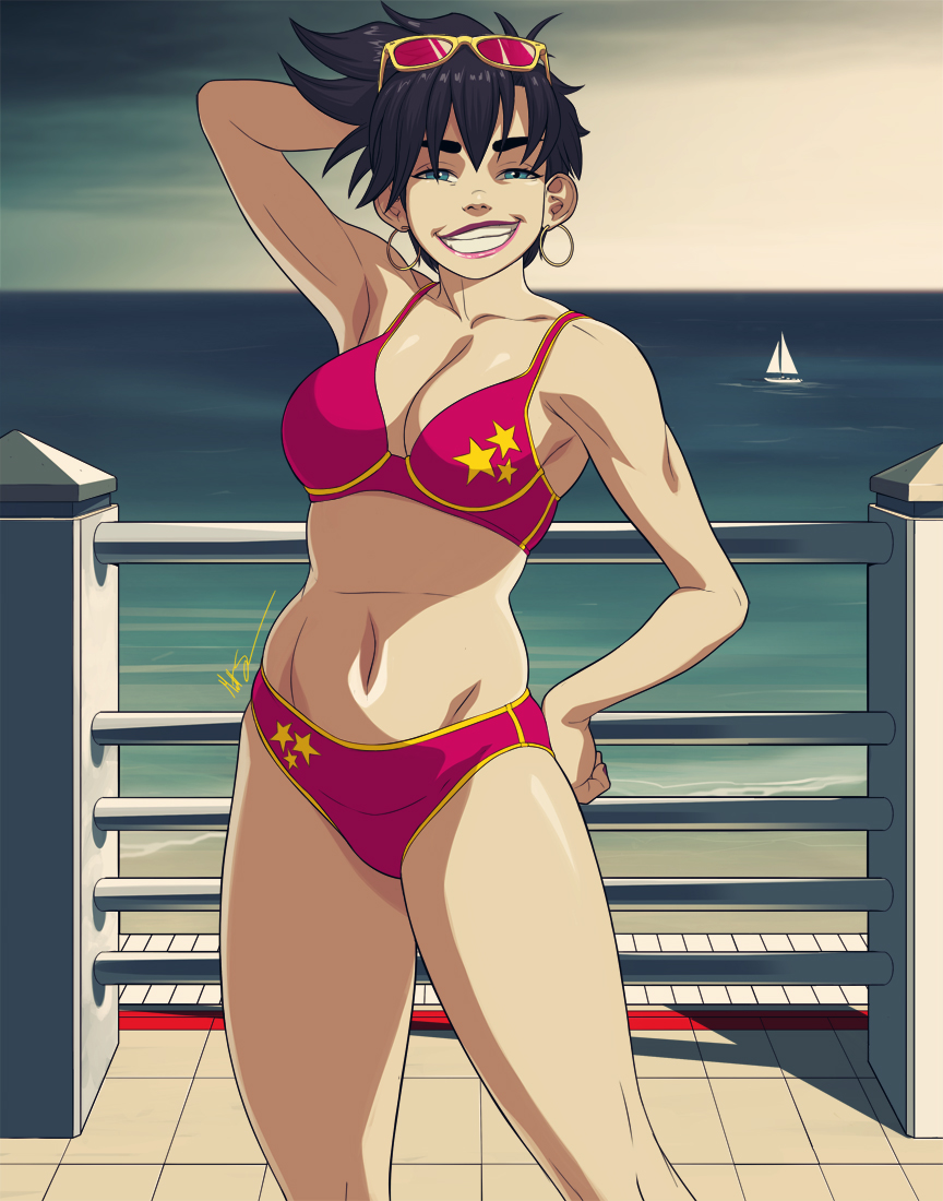 1girls asian asian_female beach bikini black_hair blue_eyes cleavage earrings female female_only fully_clothed hoop_earrings jubilation_lee jubilee large_breasts lipstick looking_at_viewer makeup marvel marvel_comics pink_lipstick posing sailboat seaside short_hair solo sunglasses sunglasses_on_head swimsuit triplexmile x-men