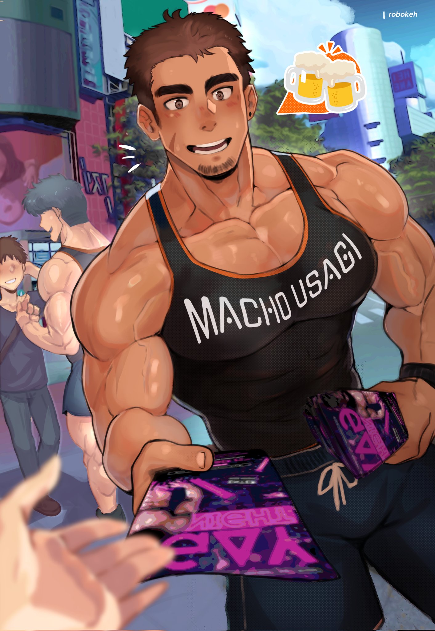 4boys, bara, beer, big pecs, black shirt, black t-shirt, blue shorts, blush, brown hair, clothed, clothing, ear ring, earring, facial hair, gay, gay male, goatee, human, human only, male, male chest, male focus, male only, multiple boys, multiple males, muscles, muscular, muscular male, open mouth, outdoors, outside, pecs, pectoral bulge, pectorals, robokeh, shorts, sleeveless shirt, t-shirt, teeth, teeth showing, thick eyebrows, toned, toned body, toned male, veiny muscles, wristwatch, yaoi
