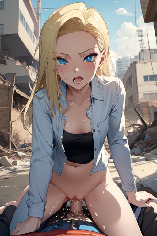 ai generated, aigeneratedp, android 18, clothing, cowgirl position, dragon ball, dragon ball super, dragon ball z, female, male, outdoors, penis, riding, riding penis, shirt