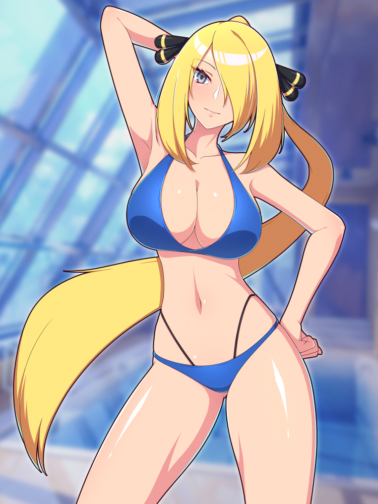 1girls, 2023, alternate hairstyle, alternate version available, armpit, bikini bottom, bikini top, blonde hair, blue bikini, breasts, cleavage, cynthia (pokemon), female, female focus, female only, fully clothed, game freak, grey eyes, hair ornament, hair over one eye, hand behind head, hand on hip, hips, indoor pool, indoors, inside, long ponytail, looking at viewer, madoka (user zrnk8278), mature, mature female, navel, nintendo, pinup, pinup pose, pokemon, pokemon dppt, ponytail, pose, revealing clothes, skimpy clothes, smile, solo, solo female, solo focus, thigh gap, thighs
