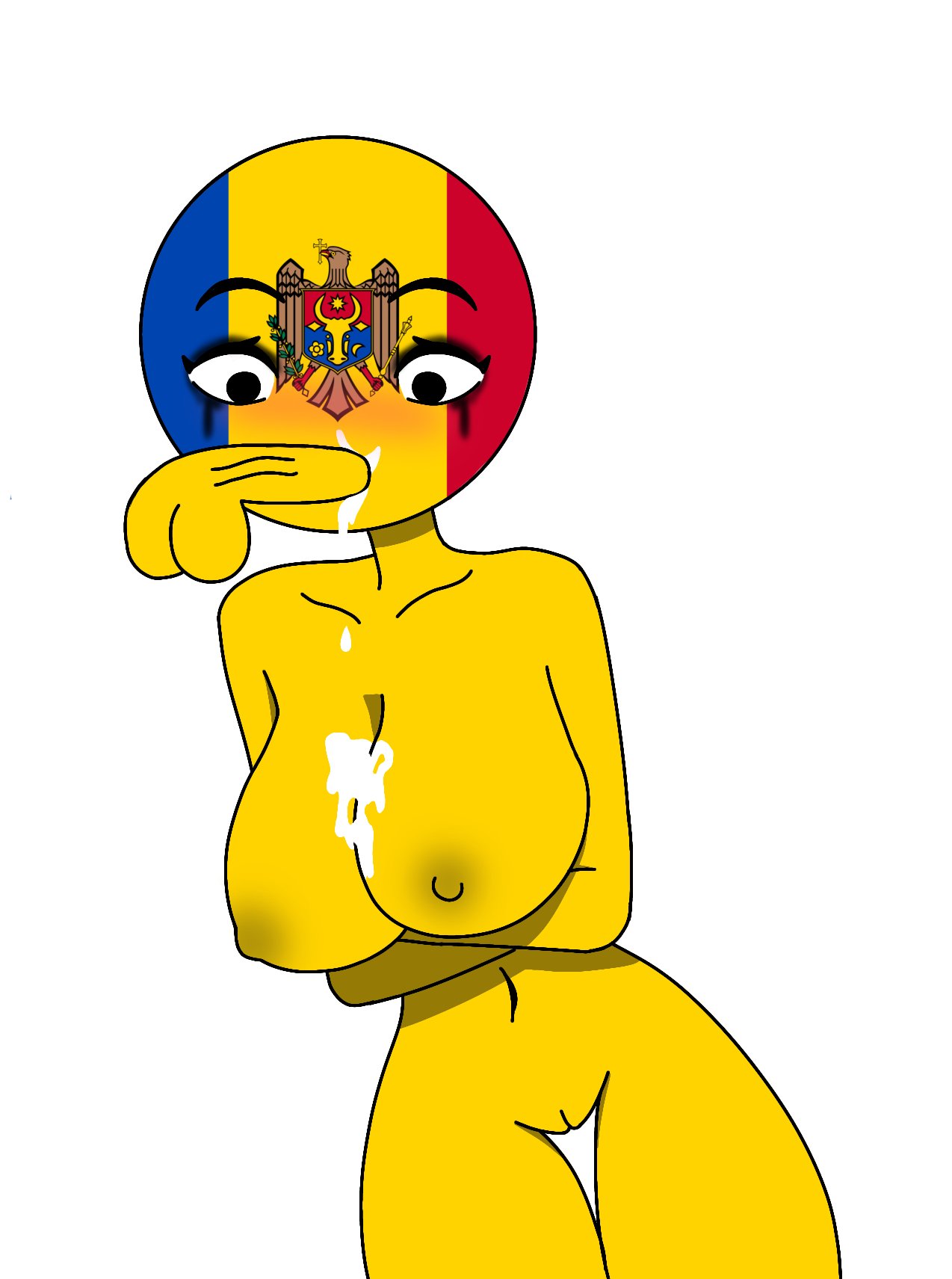 1boy 1girls balls big_breasts big_penis blush breachka countryhumans countryhumans_girl eyebrows female moldova_(countryhumans) national_personification oral oral_sex penis pussy questionable_anatomy simple simple_background testicles white_background yellow_body yellow_nipples yellow_skin