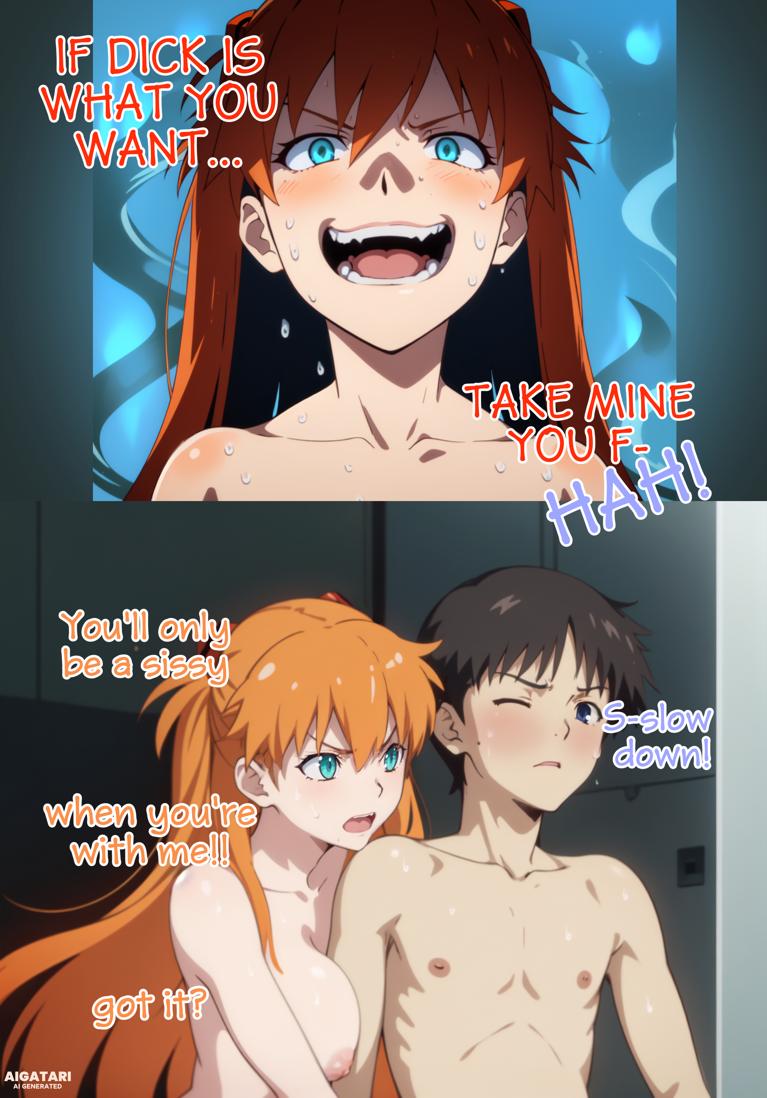 :<, 1boy, 1futa, ai generated, aigatari, angry, aqua eyes, asuka langley sohryu, blush, breasts, comic, english, english text, futa on male, futa penetrating, futa penetrating male, futadom, futanari, gesugao, grin, high resolution, intersex, large breasts, large penis, male, male penetrated, naked, neon genesis evangelion, nipples, nude, ominous, open mouth, orange hair, penis, shinji ikari, smile, smirk, submissive, submissive male, sweat, text, thighhighs, very high resolution, wide hips