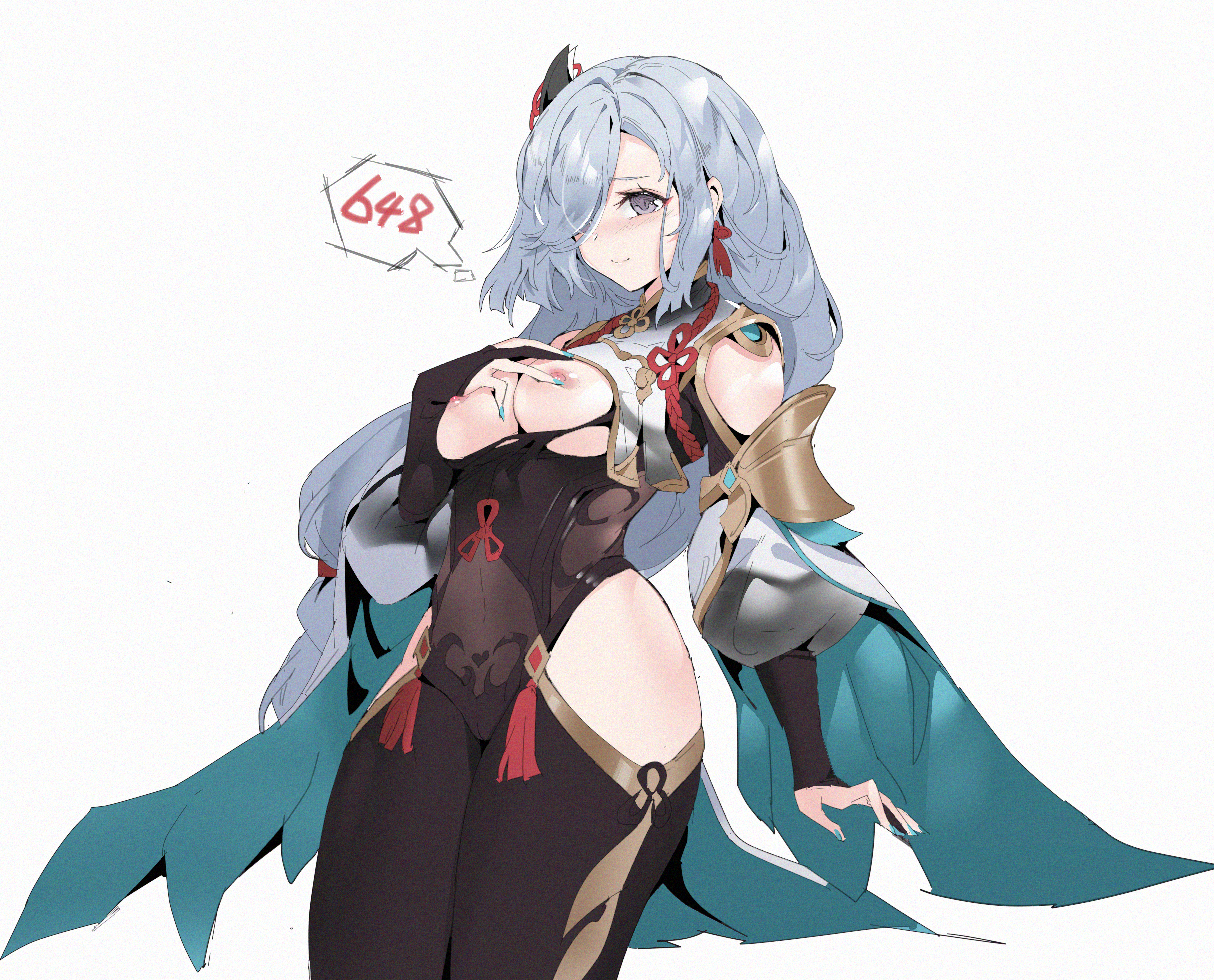 1girls, aunt, breasts, clothing, exposed breasts, female, female only, genshin impact, jewelry, legwear, light skin, light-skinned female, long hair, looking at viewer, medium breasts, milf, pink nipples, shenhe (genshin impact), silver eyes, silver hair, simple background, white background