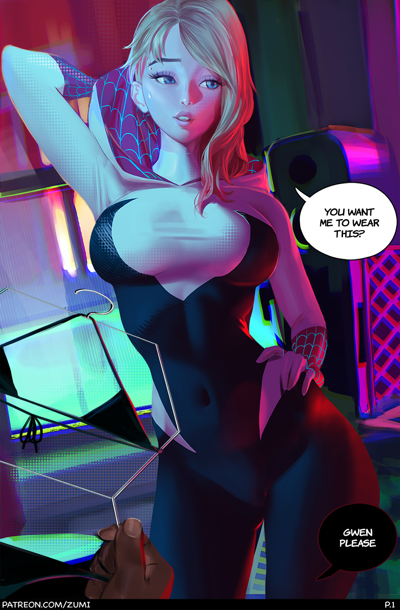 1boy 1girls asymmetrical_hair bikini blonde_hair blue_eyes breasts clothed dark-skinned_male dark_skin dialogue english_text female fully_clothed gwen_stacy light-skinned_female light_skin male_pov marvel marvel_comics miles_morales page_1 pov spider-gwen spider-man:_across_the_spider-verse spider-man_(series) superhero_costume superheroine zumi