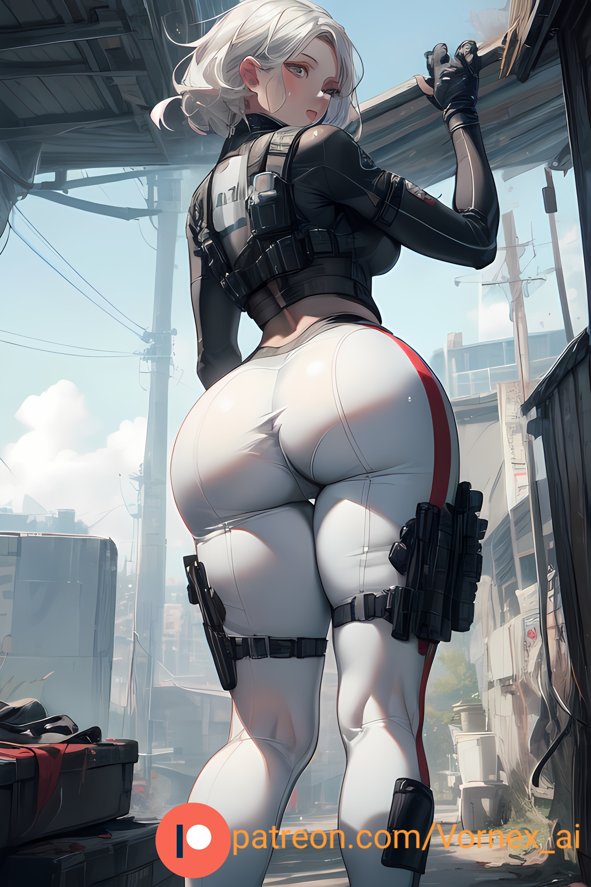 1girls, ai generated, ass, ass focus, back, back view, big ass, curvy, curvy female, curvy figure, female, holster, iana (rainbow six), leggings, looking at viewer, rainbow six, rainbow six siege, seductive, short hair, thick thighs, vornex ai, white hair