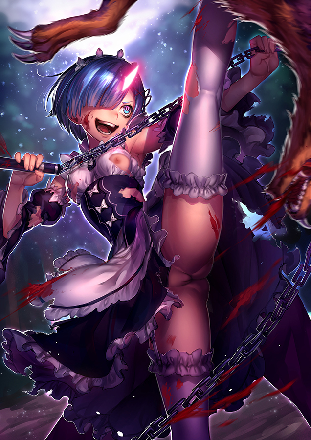 angry_face blue_eyes blue_hair bottomless edit horn kicking maid_uniform neto nipple nude_filter re:zero_kara_hajimeru_isekai_seikatsu rem_(re:zero) small_breasts smile thighhighs torn_clothes upskirt