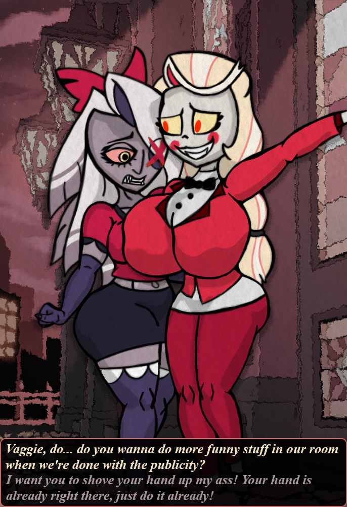 2demons 2girls big_breasts bow bowtie charlie_morningstar clothing colored cyclops dark_skin demon demon_girl demon_girls demoness demons dialogue embarrassed gloves hazbin_hotel huge_ass leggings legwear pale_skin ponytail sharp_teeth skirt smile suit suziefemlin tagme text vaggie yuri