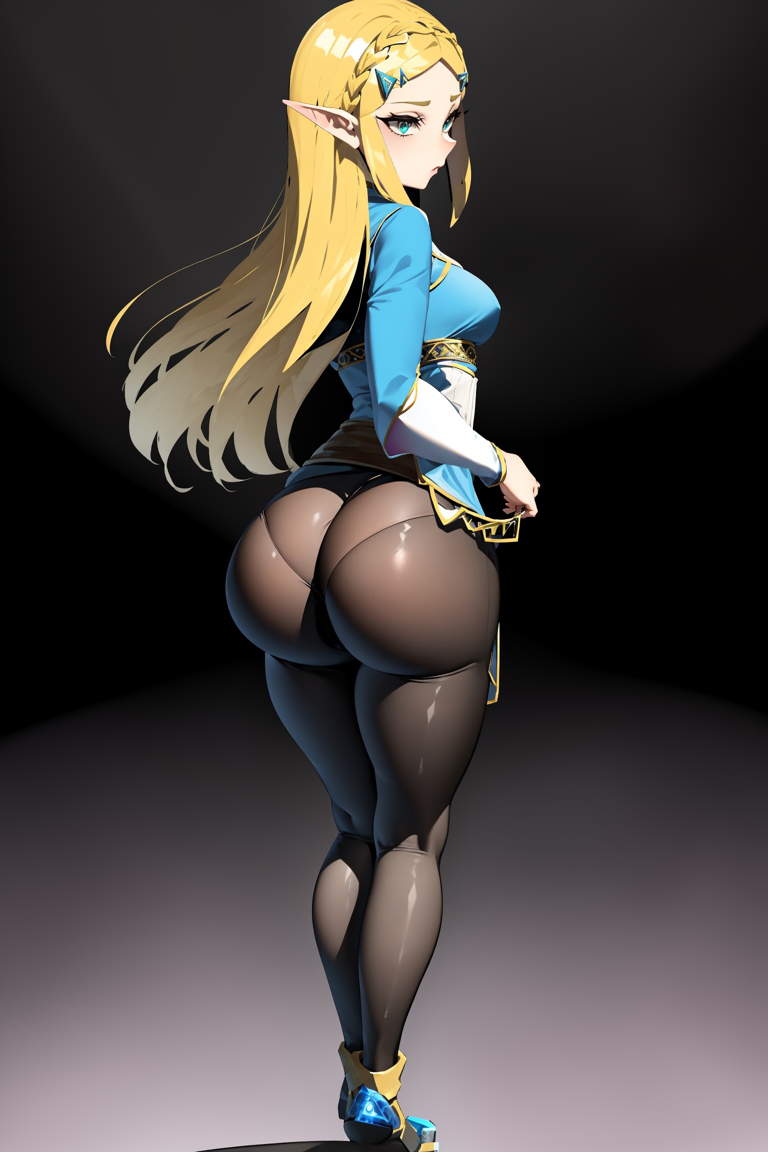 1girls, ai generated, anthro, ass, big ass, big butt, black leggings, black pants, blonde hair, female, female only, leggings, panties, panties visible through clothing, pants, pantylines, pointy ears, solo, solo female, solo focus, stable diffusion, standing