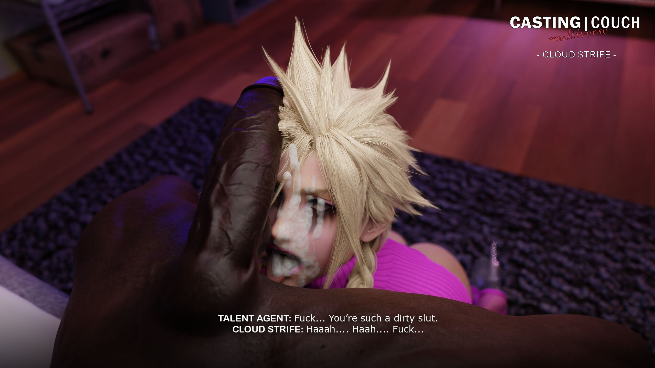 3d, closed eyes, cloud strife, cum, cum on face, dark skin, dark-skinned male, facial, femboy, final fantasy, final fantasy vii, gay, interracial, large penis, male, malesub, partially clothed, penis, runny makeup, sissy, tscd rendering, yaoi