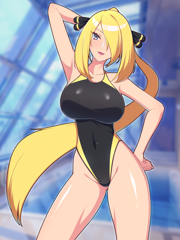 1girls, 2023, alternate hairstyle, alternate version available, armpit, black swimsuit, blonde hair, breasts, cynthia (pokemon), female, female only, game freak, grey eyes, hair ornament, hair over one eye, hand behind head, hand on hip, hips, indoor pool, indoors, inside, long ponytail, looking at viewer, madoka (user zrnk8278), mature, mature female, navel, navel visible through clothes, nintendo, one-piece swimsuit, open mouth, pinup, pinup pose, pokemon, pokemon dppt, ponytail, pose, smile, solo, thigh gap, thighs