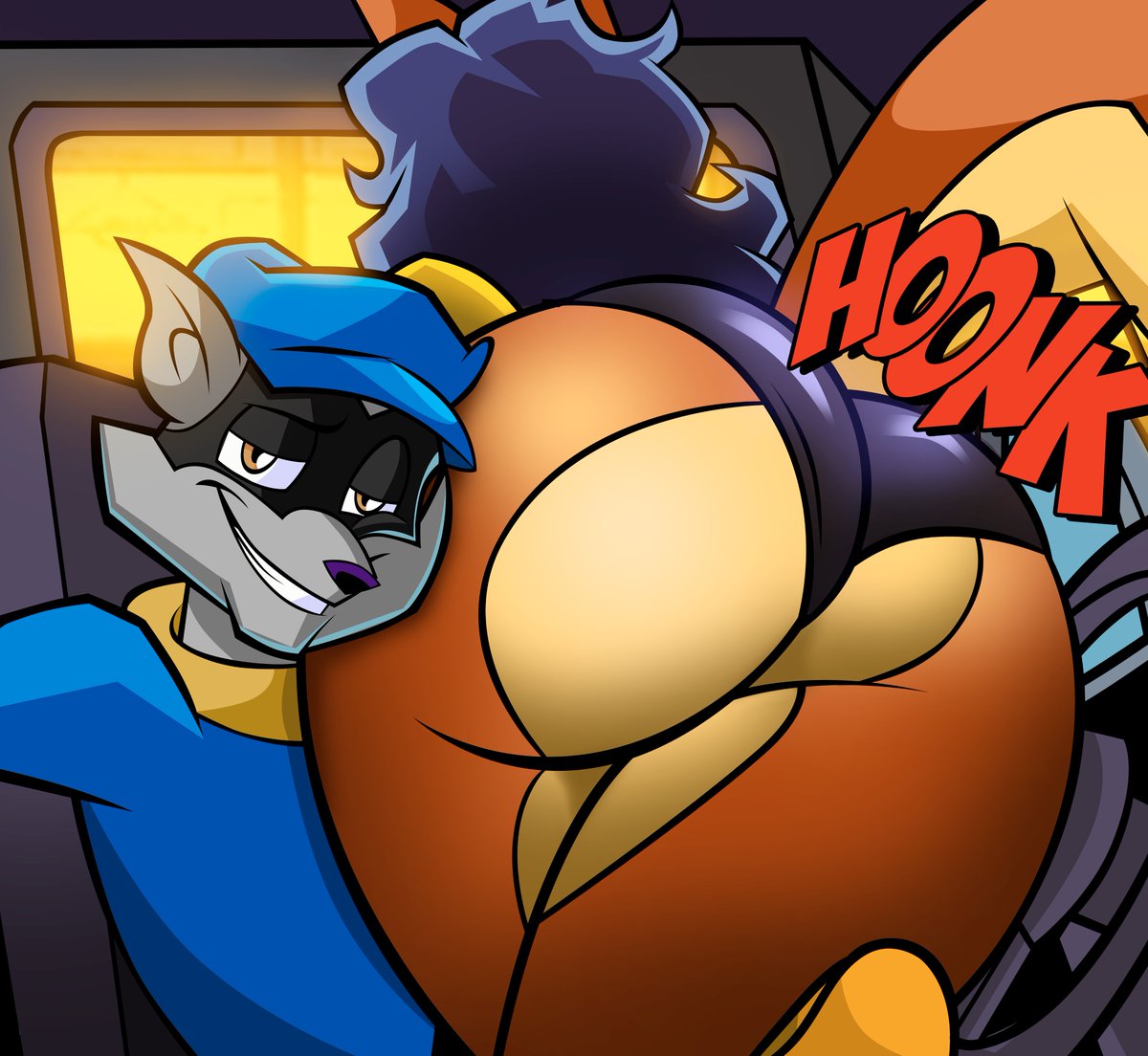 1boy 1girls alternate_version_available anthro anthro_on_anthro ass_on_face back_view bending_over big_ass big_butt blue_hair car carmelita_fox fat_ass fox fox_tail grimphantom he_wants_to_order huge_ass huge_butt leaning_forward looking_at_viewer meme panties raccoon she_wants_to_order shorts sly_cooper sly_cooper_(series) smile smiling_at_viewer sony_interactive_entertainment tail