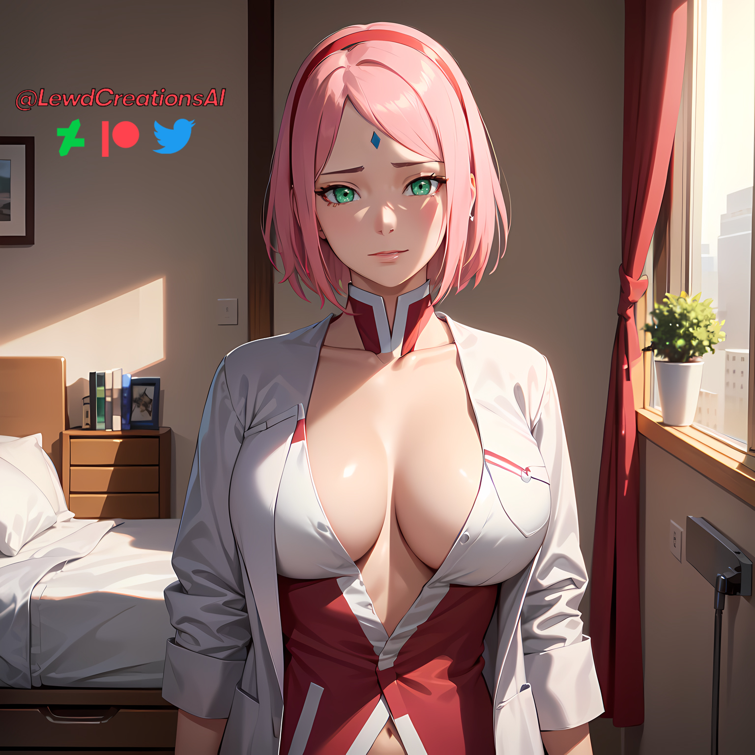 1girls, ai generated, big breasts, blush, boruto: naruto next generations, breasts, cleavage, embarrassed, female, female only, forehead jewel, forehead mark, green eyes, haruno sakura, indoors, labcoat, lewdcreationsai, looking at viewer, naruto, naruto (series), nurse, nurse uniform, pink hair, sakura haruno, solo, tagme