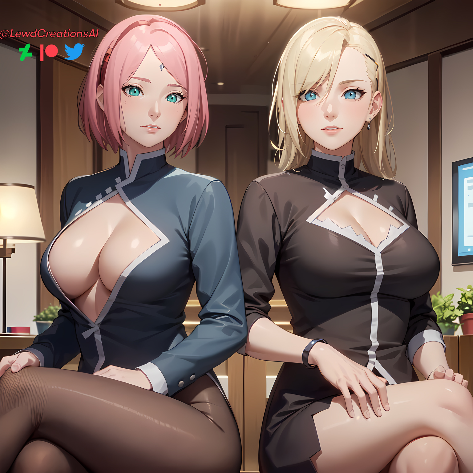 2girls, ai generated, black legwear, blonde female, blonde hair, blue eyes, boruto: naruto next generations, breasts, business woman, casual, cleavage, clothed, crossed legs, curves, curvy thighs, earrings, eyebrows, eyelashes, female, female only, forehead jewel, forehead mark, green eyes, hairband, indoors, ino yamanaka, lamp, large breasts, legwear, lewdcreationsai, light skin, light smile, light-skinned female, lips, long hair, looking at viewer, multiple females, multiple girls, naruto, naruto (series), naruto shippuden, no bra, pantyhose, parted lips, pink hair, sakura haruno, sitting, teeth, thick thighs, thighs