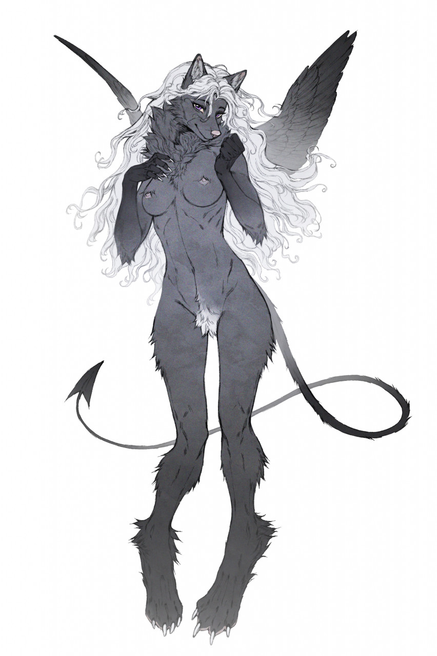 2021 angel anthro areola back_wings biped black_markings black_wings breasts canid canine canis claws demon digitigrade eyebrows feathered_wings feathers female frank-79 front_view full-length_portrait gloves_(marking) grey_body hair hi_res inner_ear_fluff leg_markings long_hair looking_at_viewer mammal markings navel neck_tuft nipples nude portrait pubes simple_background socks_(marking) solo spade_tail standing tail toe_claws tuft white_background white_hair wings wolf