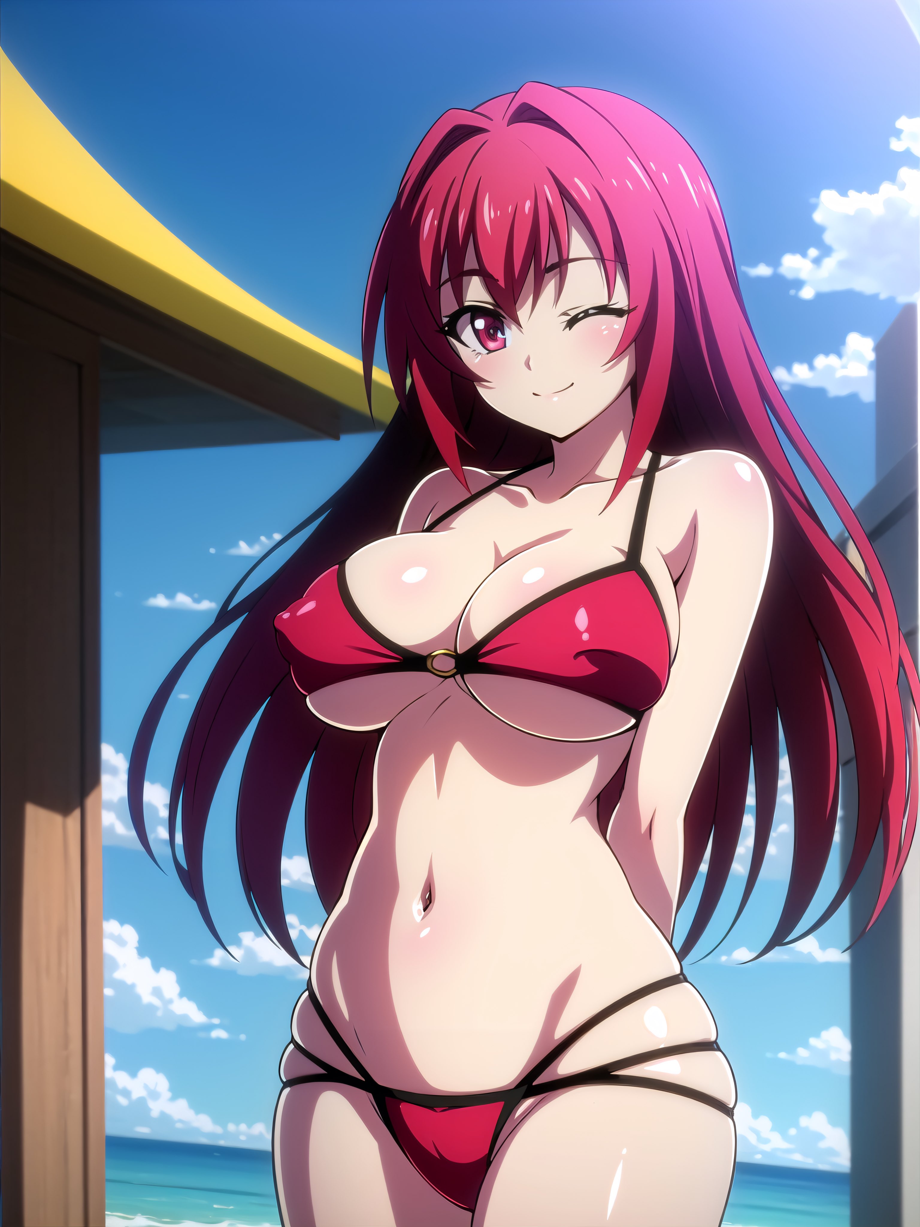 1girls, ai generated, alternate hairstyle, arms behind back, beach, big breasts, bikini, breasts, busty, erect nipples under clothes, female, female only, large breasts, legs, looking at viewer, naruse mio, navel, ocean, red eyes, red hair, shinmai maou no testament, smile, solo, thick thighs, thighs, voluptuous, water, wink