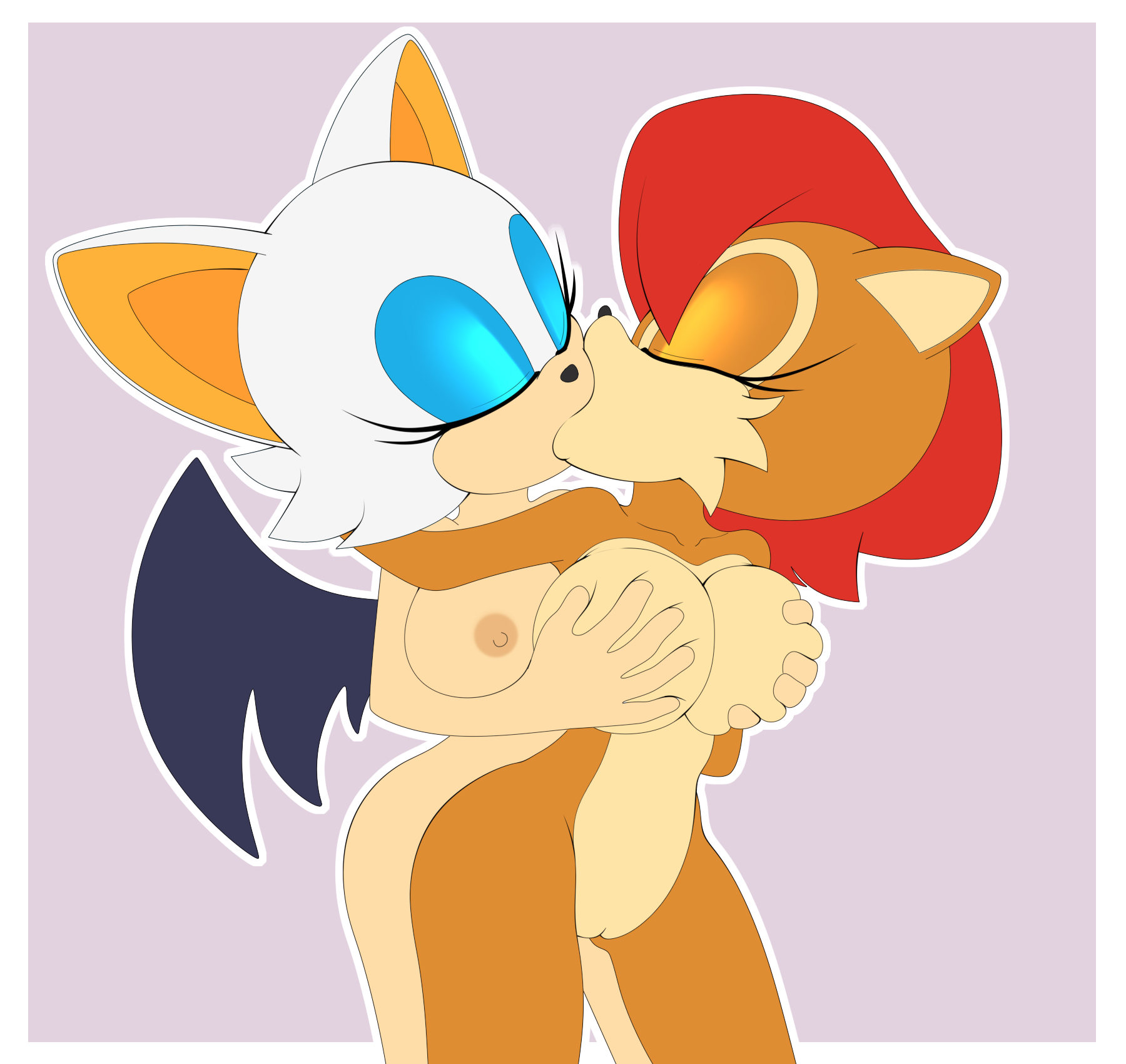 2girls, anthro, anthro on anthro, bat, bat wings, big breasts, breast grab, breasts, closed eyes, female, female only, female/female, grabbing breasts, kiss, kissing, large breasts, lluanhyperzero, multiple females, multiple girls, rouge the bat, sally acorn, sonic (series), sonic the hedgehog (archie), sonic the hedgehog (comics), tagme, yuri