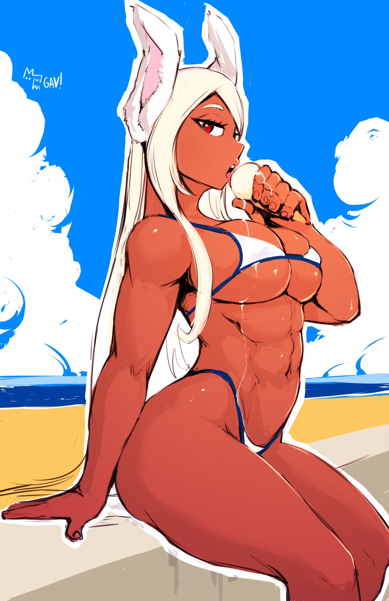 1girls aleksandrgav alternate_version_available bikini boku_no_hero_academia bunny_ears bunny_girl curvaceous curvy_female curvy_figure dark-skinned_female female hi_res ice_cream licking long_hair miruko my_hero_academia rumi_usagiyama seductive_look solo_female solo_focus usagiyama_rumi white_hair