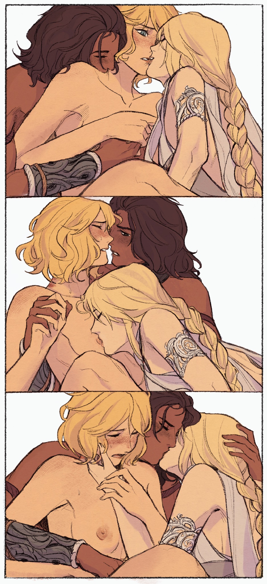 3girls blonde_hair braided_hair brush2h chocolate_and_vanilla comic comic_page dark-skinned_female elden_ring female female_only fia_the_deathbed_companion french_kiss fromsoftware kissing kissing_neck light-skinned_female multiple_girls nepheli_loux roderika_(elden_ring) sucking_nipples threesome wholesome yuri