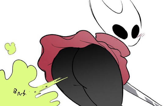 ass, black eyes, blush, cloak, fart, fart cloud, female, hollow knight, hornet (hollow knight), nail, onomatopoeia, team cherry, thick thighs, thighs, unknown artist, upskirt
