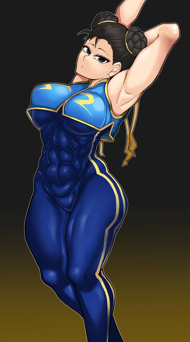 1girls abs armpits arms_up big_breasts brown_hair capcom chun-li female female_only large_breasts light-skinned_female light_skin looking_at_viewer p4n1 pani street_fighter street_fighter_alpha thick_thighs thighs toned toned_body toned_female toned_stomach wide_hips