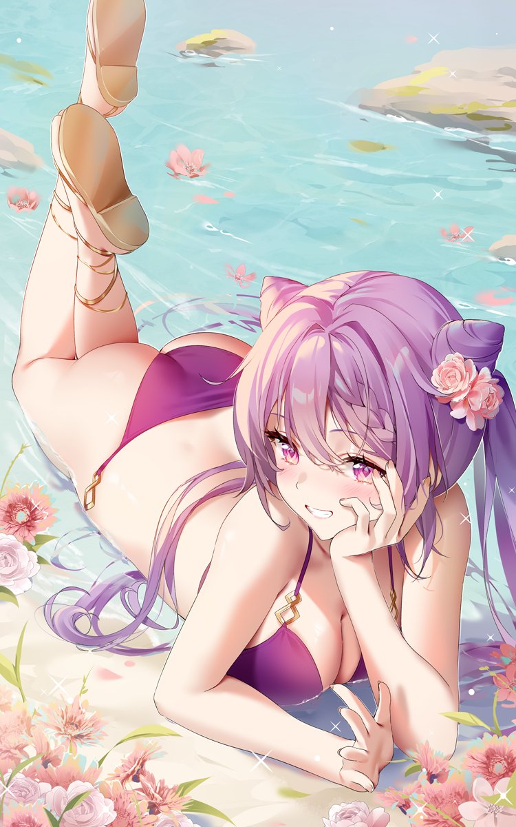 1girls ass bikini breasts bubble_ass bubble_butt cleavage female genshin_impact keqing_(genshin_impact) large_breasts lying purple_eyes purple_hair rimuu smile solo water