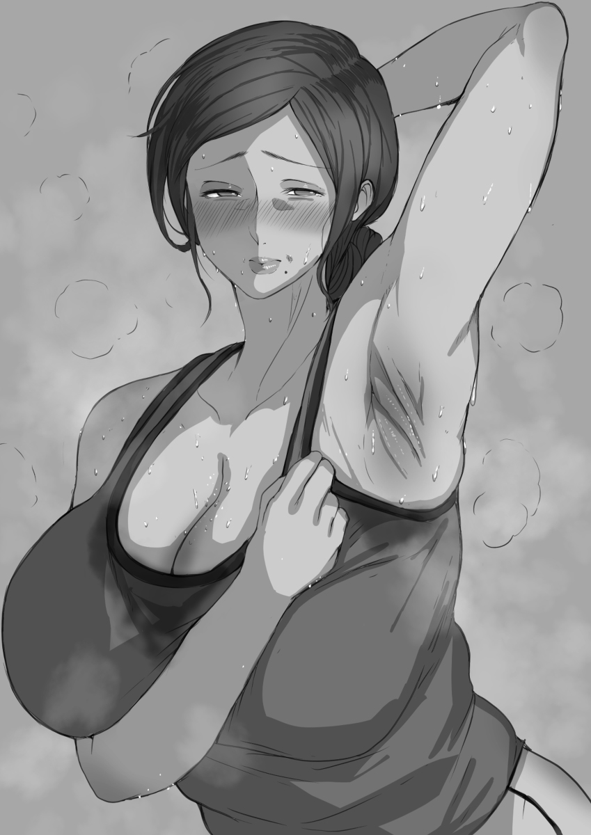 1girls, armpit, armpit fetish, armpits, arms up, blush, blushing, breasts, female, female only, huge breasts, mature female, milf, monochrome, obasan body type, solo, sweat, sweat stain, sweating, sweaty, sweaty armpits, toshi21888046
