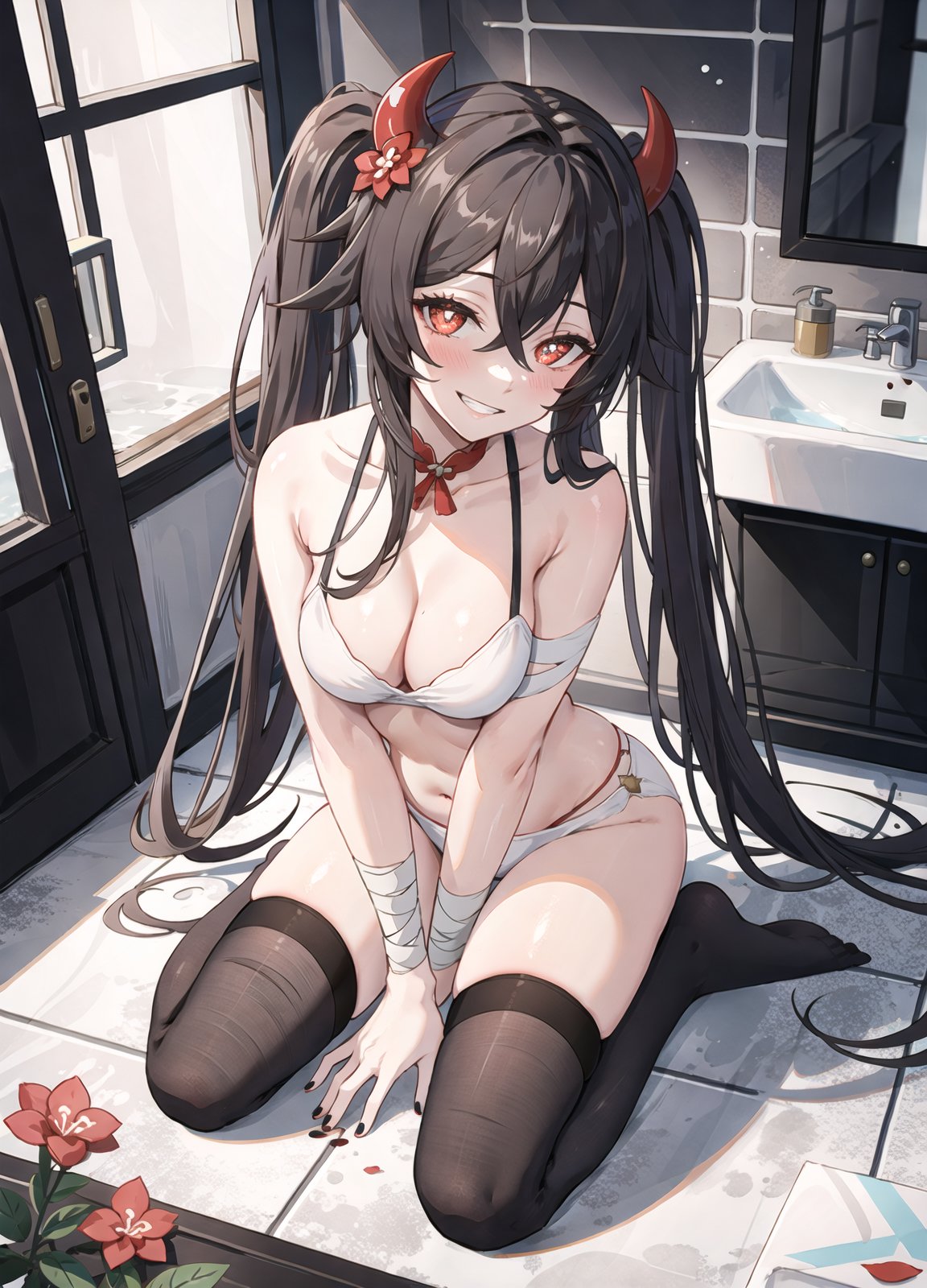 1girls, ai generated, black nails, bra, breasts, demon, demon horns, feet, female, genshin impact, hu tao (genshin impact), kneeling, looking at viewer, nail polish, panties, smile, stable diffusion, thighhighs, twintails
