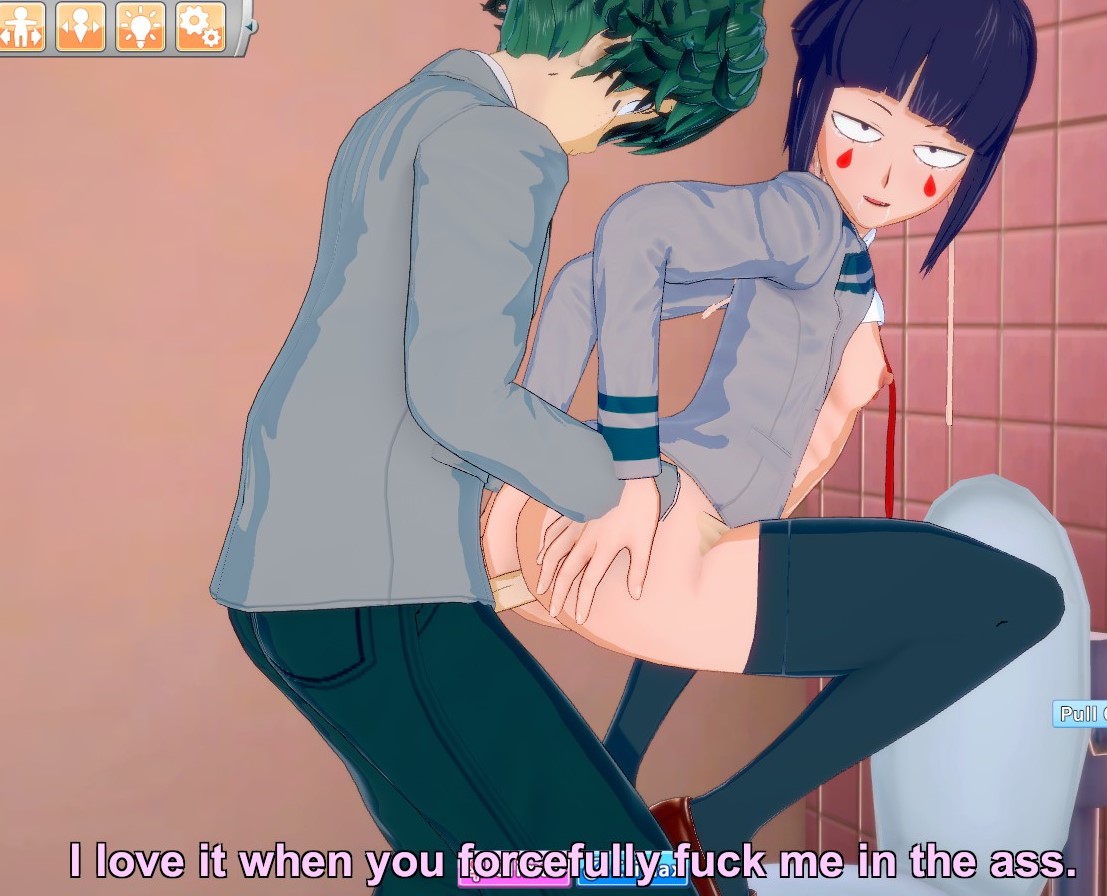 1boy, 1girls, 3d, anal, anal penetration, anal sex, artist request, ass, boku no hero academia, breasts, clothed male partially nude female, deku, english text, female, green hair, green-haired male, hands on own ass, hands on own butt, izuku midoriya, jirou kyouka, kyoka jiro, legwear, looking at viewer, male, male/female, midoriya izuku, my hero academia, no bra, no panties, penetration, penile penetration, penis, penis in ass, purple eyes, purple hair, purple-haired female, small breasts, u.a. school uniform