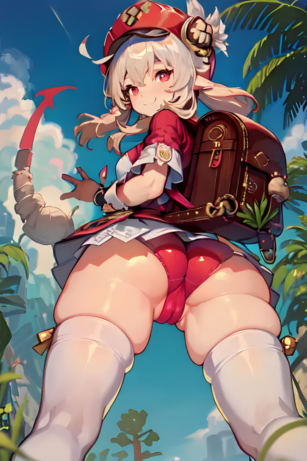 1girls, ai generated, ass, ass focus, backpack, big ass, blonde hair, cameltoe, female, female focus, female only, foopanthia, genshin impact, klee (genshin impact), looking at viewer, looking back, pussy, red eyes, smile, standing, thick ass, thick thighs, thighhighs, thighs