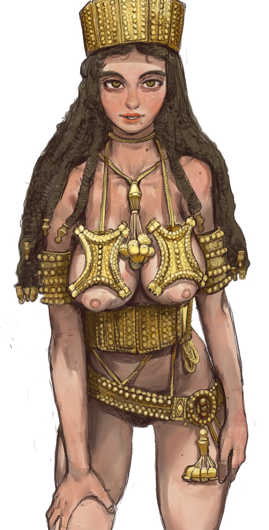 1girls ancient_history ancient_spain armband belt big_breasts braided_hair brown_hair crown female female_only gold_eyes gold_jewelry hand_on_thigh history human human_only iberian jewelry jewelry_only large_breasts light-skinned_female light_skin long_hair mossa nipples nude public_domain puffy_nipples skimpy solo solo_female standing tartessian tartessos white_background