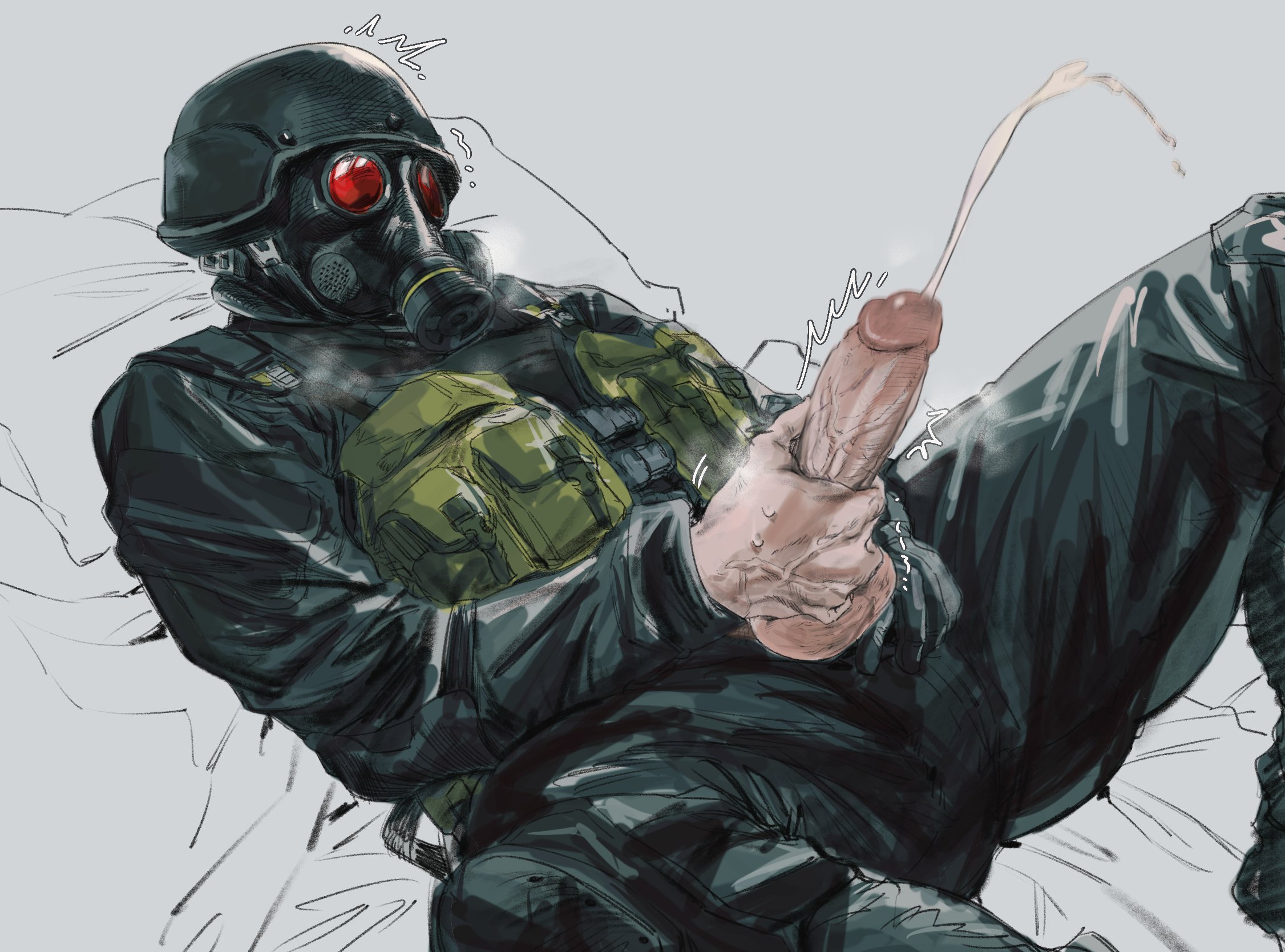 1boy, balls, cum, ejaculation, gas mask, helmet, hunk (resident evil), iamgonnaleavey, lying, male, male only, masturbation, no visible face, penis, resident evil, solo, uniform