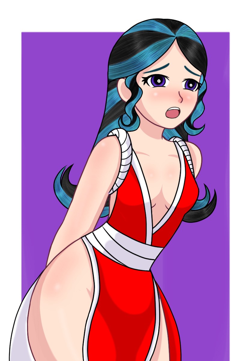 big_ass big_butt black_hair cosplay cyan_hair king_of_fighters kizzonozomi4 mai_shiranui oc original_character shy small_boobs smaller_female thick_ass thick_legs thick_thighs violet_eyes