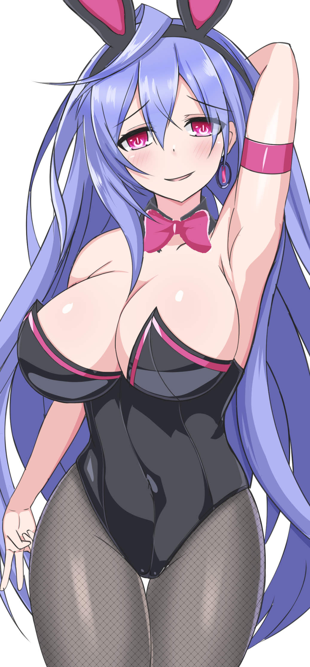 arm_up armpit bowtie bunny_ears bunnysuit cleavage fishnets goddess iris_heart large_breasts leotard light-skinned_female looking_at_viewer neptunia_(series) open_clothes peace_sign pink_eyes plutia purple_hair solo stiris_rangetsu very_long_hair