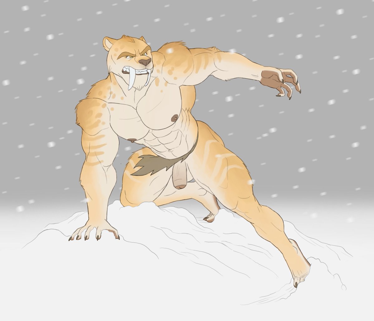 abs anthro eyebrows felid flaccid fur genitals grey_background kolvackh machairodontine male mammal muscular muscular_male nipples orange_body orange_fur penis simple_background snow solo solo_focus tan_body tan_fur thick_eyebrows yellow_eyes