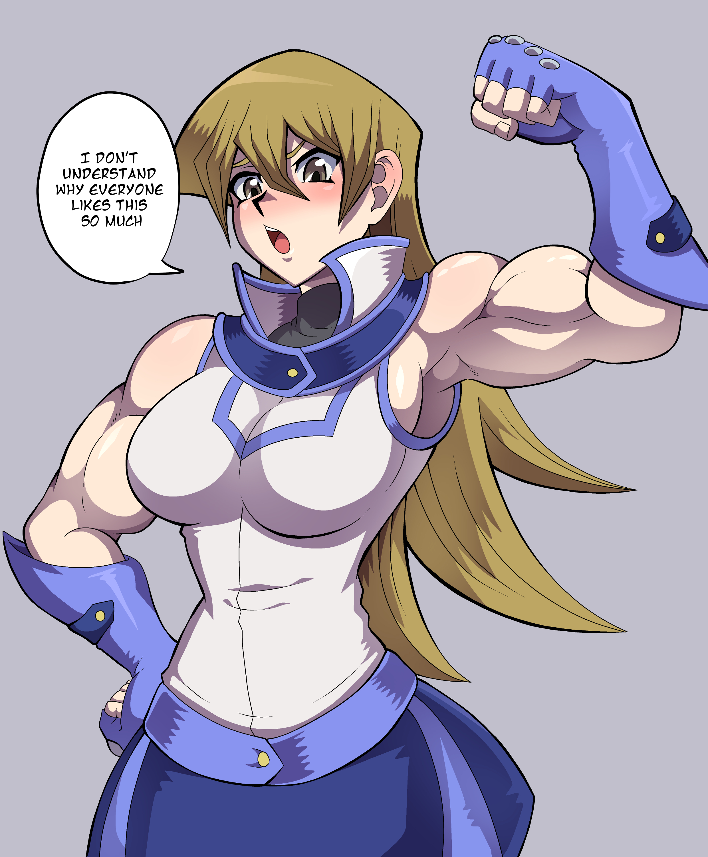 alexis rhodes, athletic, athletic female, blonde hair, breasts, brown eyes, female, flexing, flexing arms, flexing bicep, large breasts, loquillo, muscular, muscular female, sleeveless, sleeveless shirt, tagme, tenjouin asuka, yu-gi-oh!, yu-gi-oh! gx