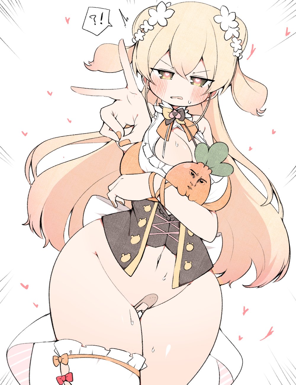 bandaid bandaid_on_pussy blush carrot gigantic_hips gigantic_thighs heart heart-shaped_pupils hololive hololive_gen_5 hololive_japan kuma_no_bansoukou large_breasts large_hips momosuzu_nene pussy thick_thighs v virtual_youtuber vtuber wide_hips