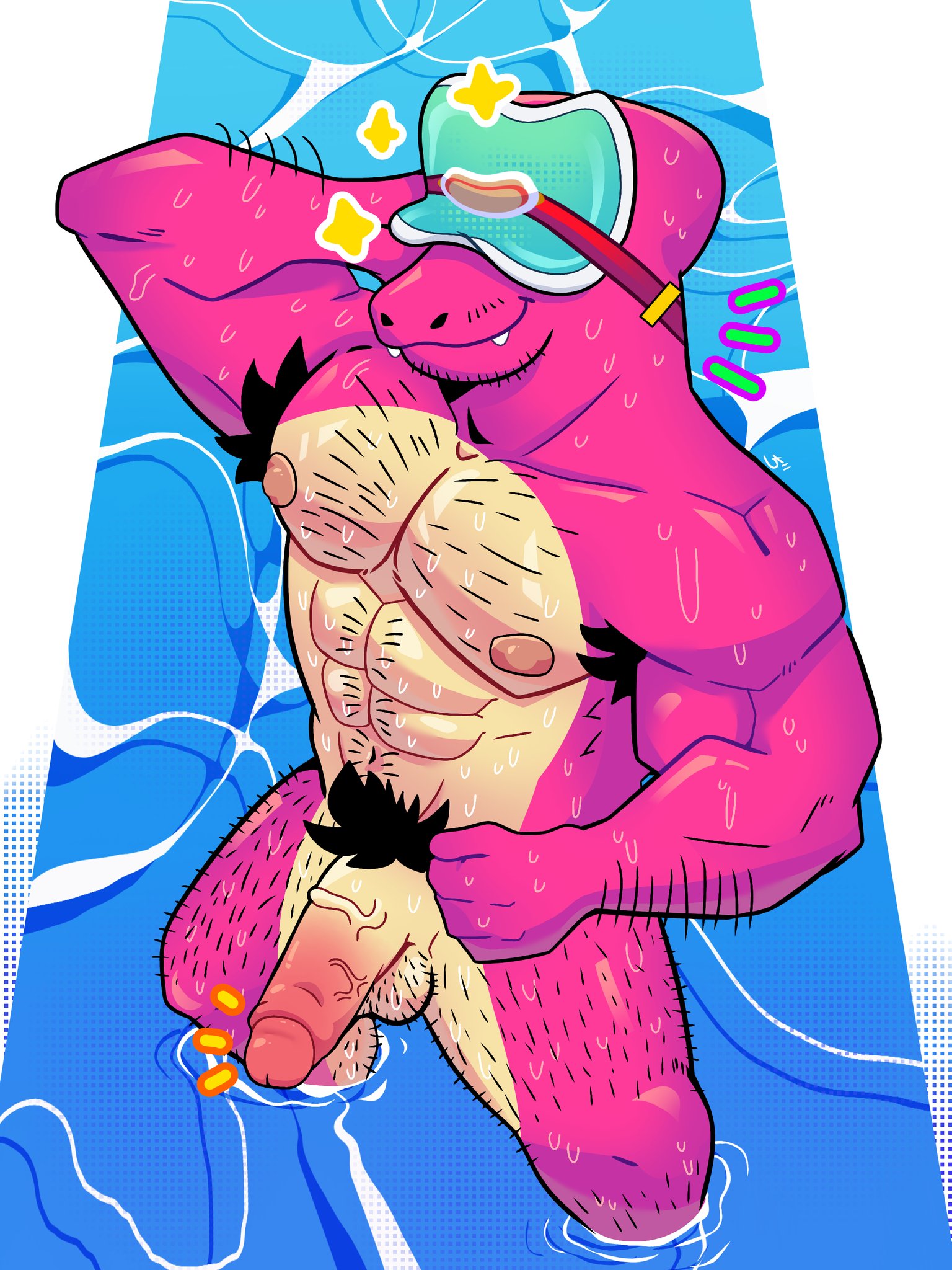 2023, abs, anthro, anthro only, armpit hair, armpits, balls, biceps, brawl stars, covered eyes, dinosaur, doug (brawl stars), fangs, gay, glaskeru, hairy, hairy male, hand on head, headwear, humanoid penis, male, male only, muscular, muscular anthro, muscular male, navel, nipples, no humans, non-human, pecs, penis, pool, reptile, reptile humanoid, smile, smiling, smiling at viewer, solo, solo focus, solo male, standing, standing in water, supercell, supercell (company), veiny penis, water, wet, wet body, white background
