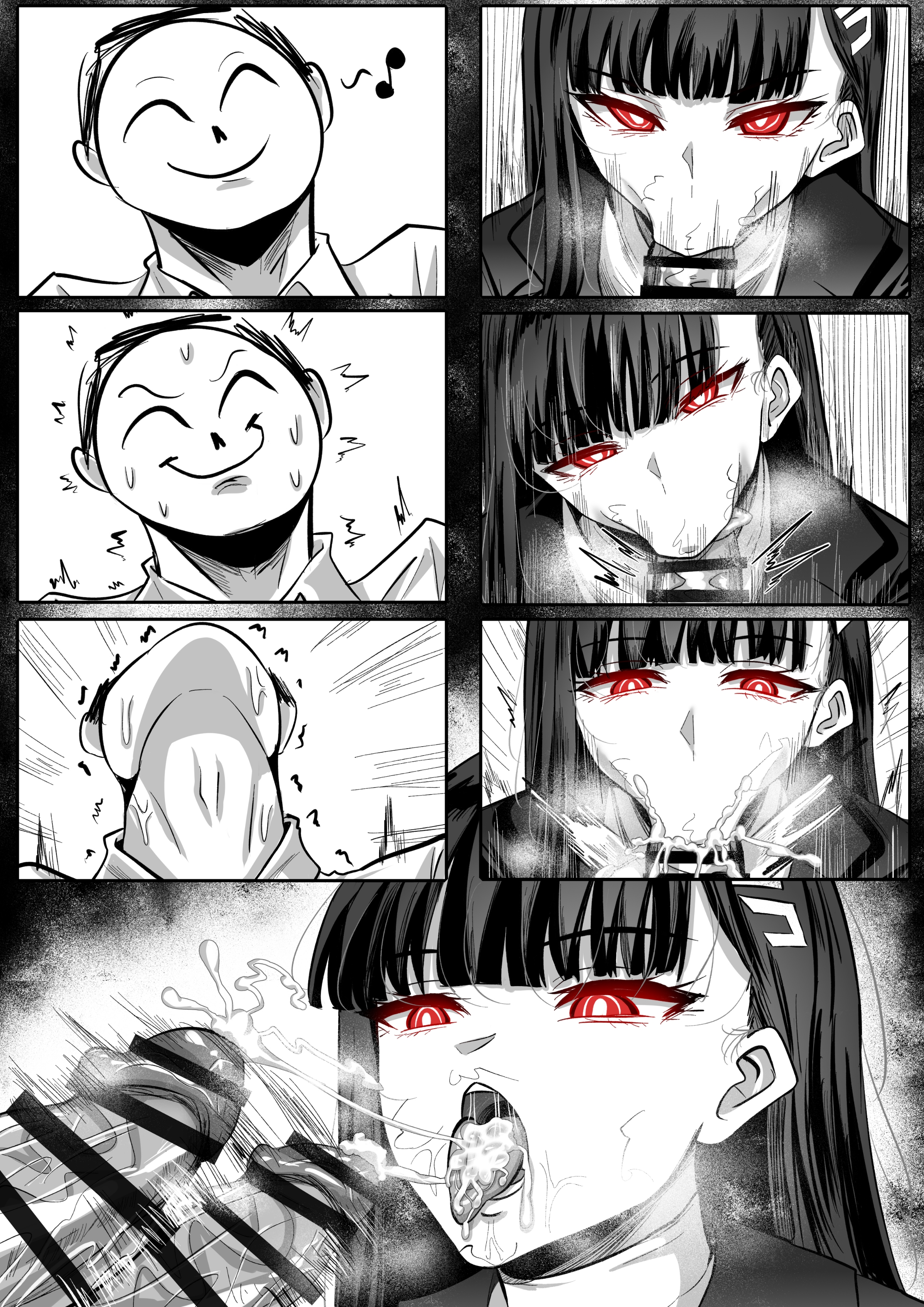 :>=, 1boy, 1girls, arona's sensei doodle (blue archive), artist request, blowjob, blowjob face, blue archive, bright pupils, censor bar, censored, cum, cum in mouth, cum inside, emotionless, expressionless, fellatio, female, glowing eyes, male, millennium science school student, oral, red eyes, rio (blue archive), semen, seminar (blue archive), sensei (blue archive), white pupils