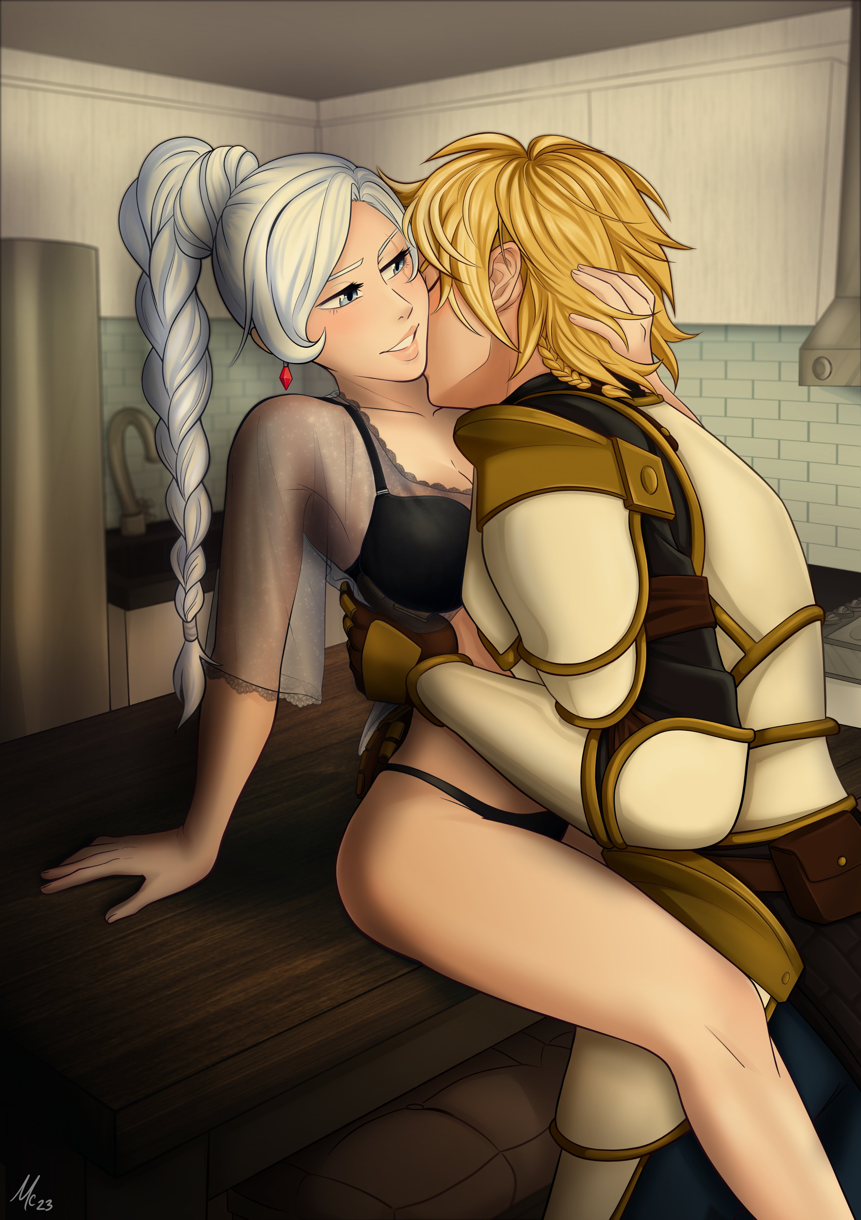 1boy, 1girls, 2023, armor, blonde hair, blue eyes, bra, breasts, closed eyes, duo, female, imminent sex, jaune arc, jeans, kissing, kissing neck, kitchen, light skin, light-skinned female, light-skinned male, lingerie, long hair, male, male/female, mcmystery, panties, romantic, romantic couple, rooster teeth, rwby, scar, scar across eye, scar on face, short hair, straight, weiss schnee, white hair