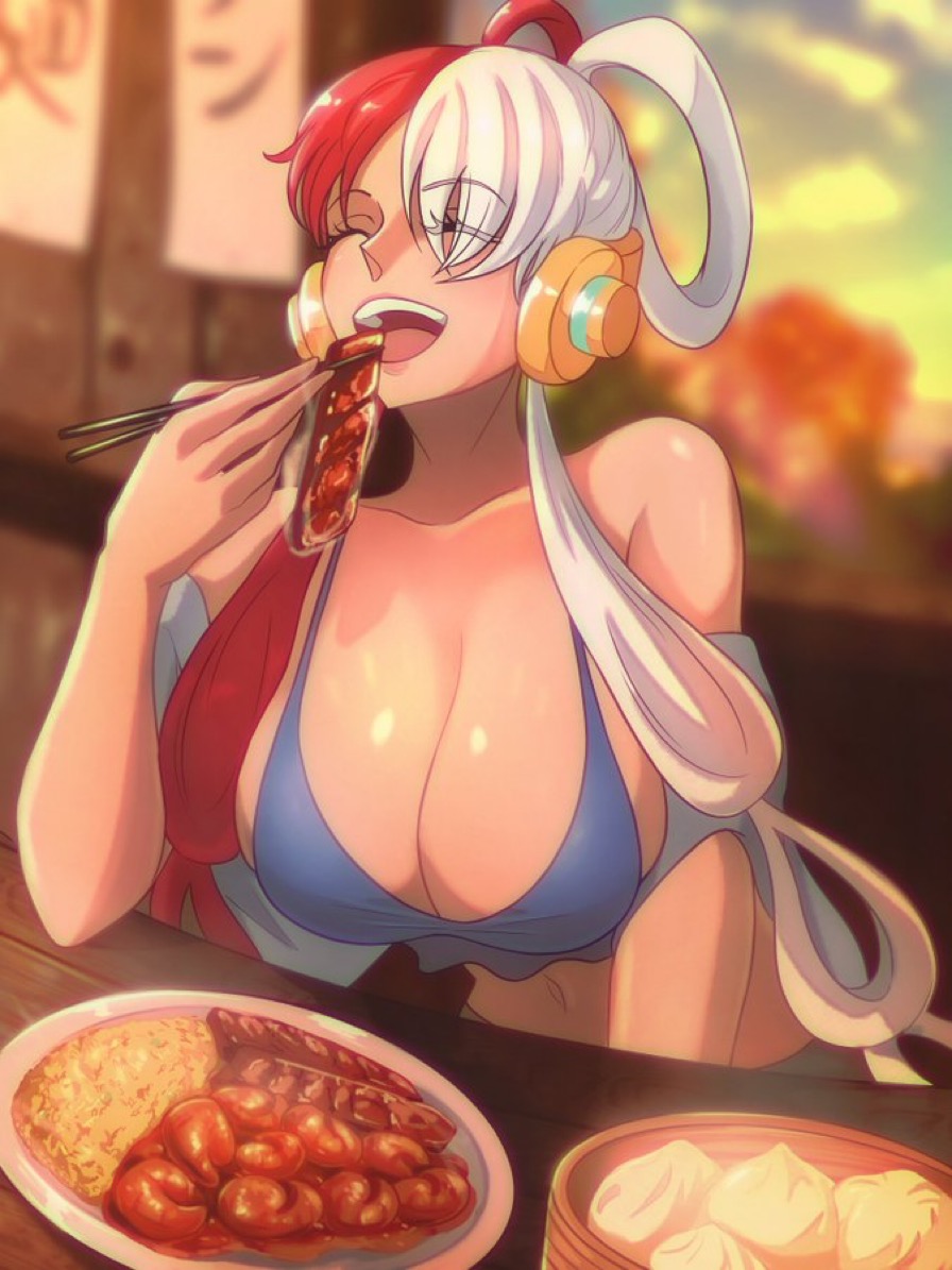 1girls, bare shoulders, big breasts, bra, breasts, eating, female, female only, food, hair over one eye, headphones, large breasts, one piece, opalisart, red hair, red-haired female, smile, tagme, two-tone hair, uta (one piece), white hair, white-haired female